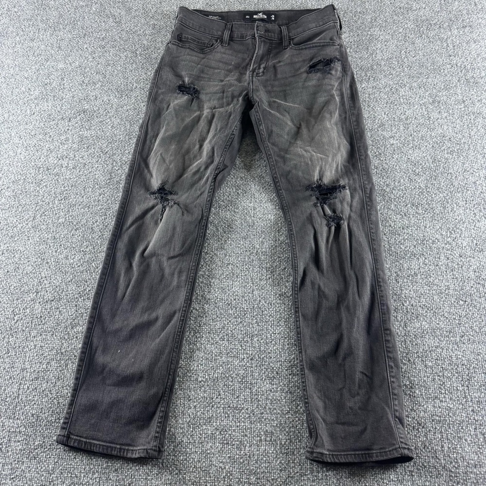 Hollister Slim Straight Jeans Mens 29 Black Charcoal Wash Distressed Stretch